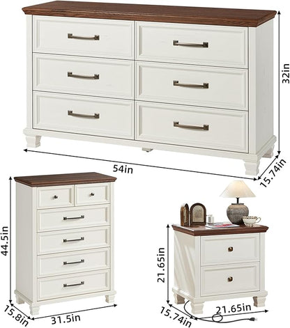 Farmhouse Bedroom Dresser and Nightstand Set of 4, 6 Drawer Tall & Low Dresser & 2 Drawer Nightstand Set, Rustic Wood Bedroom Furniture Set for Livingroom, Hallway, White