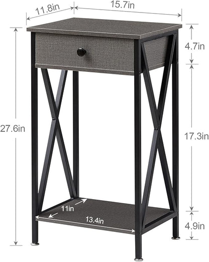 VECELO Tall Nightstand,27.6 inch Wooden End Table with Metal X-Frame,Side Table with Drawer and Storage Shelf for Living Room Bedroom Entryway Small Spaces
