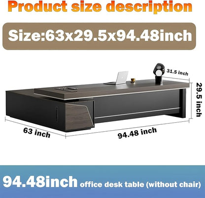 Large Executive Desk, Modern L-Shaped Computer Desk with Side Cabinets, Drawers and Password Lock, CEO Business Furniture Desk (Chair Not Included)(63x29.5x94.48inch)