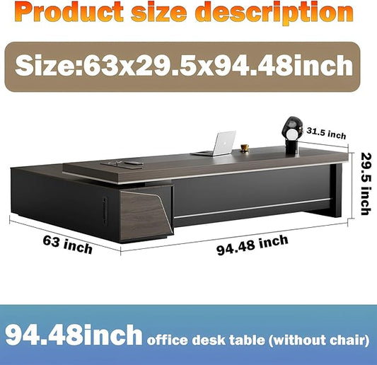 Large Executive Desk, Modern L-Shaped Computer Desk with Side Cabinets, Drawers and Password Lock, CEO Business Furniture Desk (Chair Not Included)(63x29.5x94.48inch)