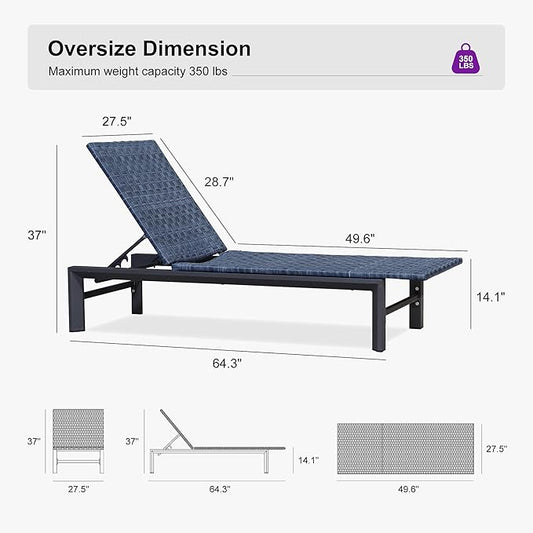 PURPLE LEAF Patio Oversized Chaise Lounge Rattan Chair Set of 2 Outdoor Pool Adjustable Recliner Wicker Chairs for Outside Woven Furniture Tanning Poolside Lounger Navy Blue