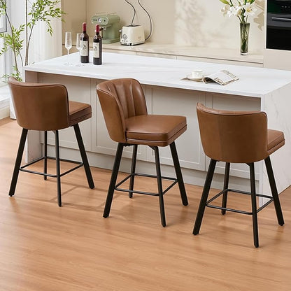 Swivel Counter Height Bar Stools Set of 3, 26'' Modern Barstools with Backs and Metal Legs, Upholstered Bar Chairs, Faux Leather Dark Brown Stools for Kitchen Island Chairs