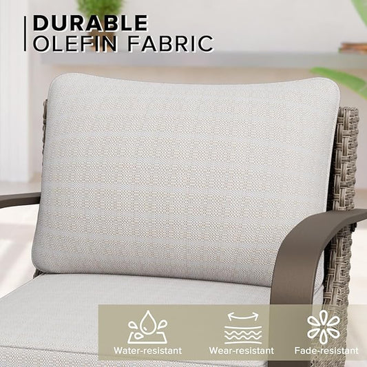 COOS BAY Aurora Terrace Half-Moon Outdoor Furniture Set, Rattan Conversation Set with Swivel Rockers, Curved 5-Seat Sofa, Coffee Table, Seats 7, Beige/Beige