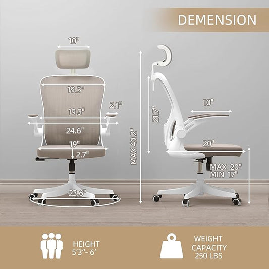 Monhey Office Chair Ergonomic Desk Chair with Lumbar Support&Headrest&Flip-up Arms Height Adjustable Rocking Swivel High Back Computer Chair Warm Taupe Mesh Study Chair (04White+Khaki)