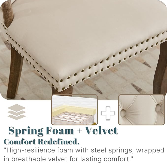 Velvet Dining Chairs Set of 6, Solid Wood Handles, Wooden Upholstered Dining Chair, Vintage Copper Nail Decoration, Mid Century Modern Kitchen Chair (Beige, Set of 6)