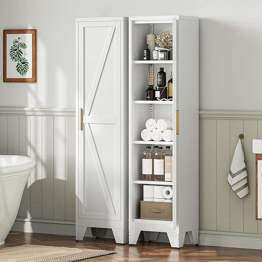 67" Tall Narrow Bathroom Metal Storage Cabinet with 4 Adjustable Shelves, Freestanding 5 Tier Slim Pantry Storage Cabinet for Small Space, White