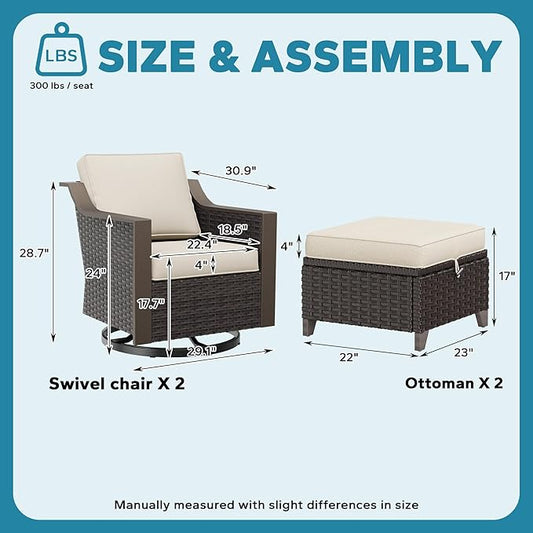 Patio Metal Swivel Chairs with Ottomans Set of 2, Conversation Furniture Set - 360 Degree Glider Rocker Chairs | 2 Wicker Ottomans, Washable Cushions (Beige and Brown Stripe)