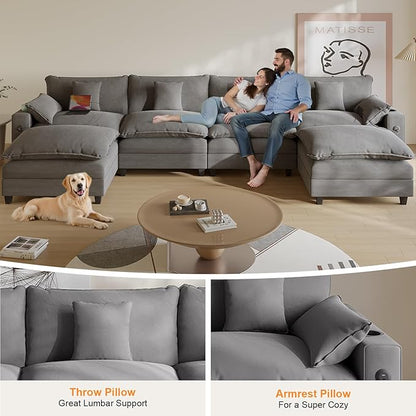 Cloud Couch, Modular Sectional Sofa with Ottoman, Charging Station, Throw Pillows, Cup Holders, Modern Convertible L Shaped Couches for Living Room, Bedroom (Grey, 152"- U Shape)