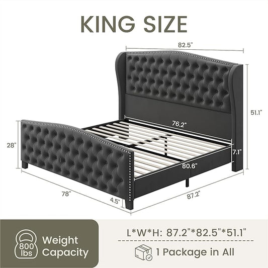 LARMACE King Size Bed Frame Velvet Upholstered Platform Bed with Wingback Headboard & Footbaord, Deep Button Tufted Bed Frame with Wood Slats Support, No Box Spring Needed, Grey
