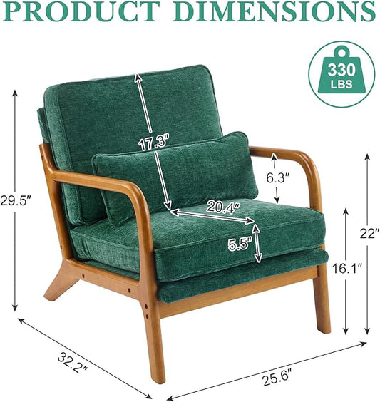 Karl home Mid Century Modern Accent Chair with Lumbar Pillow & Oak Arms – Plush Chenille Living Room Chair for Bedroom, Lounge (Dark Green)