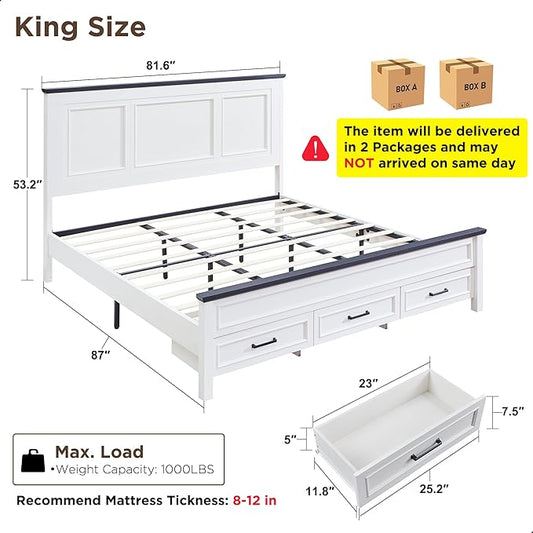 ACCOHOHO Farmhouse King Size Bed Frame with 52" Tall Headboard, Wood Platform Bedframe with Footboard and Storage Drawers, No Squeak, No Box Spring Needed, Off White
