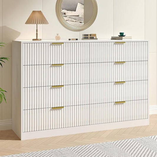 White Fluted Dresser Bedroom with 8 Drawer,55” Wide White Double Drawer Dresser Modern Chest of Drawers with Gold Handles,Wood TV Stand for Bedroom,Living Room