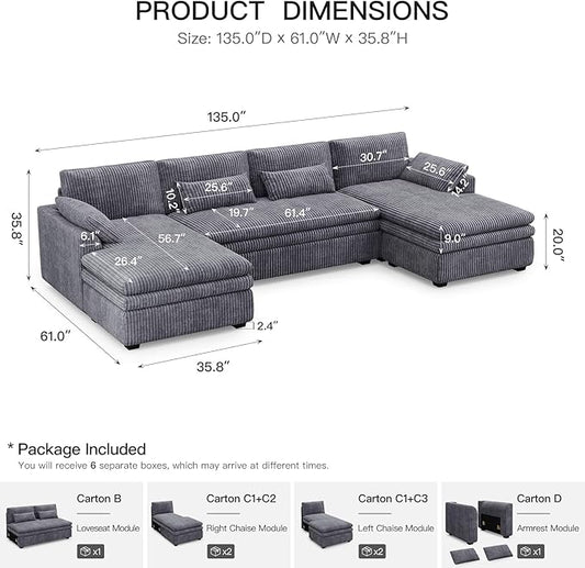 Belffin Large Modular Sectional Sofa with Double Deep Chaise, 135" Corduroy U Shaped Sectional Couch with 9" Soft Dual-Layer 6 Seats U Shaped Couch for Living Room, Apartment, Light Grey