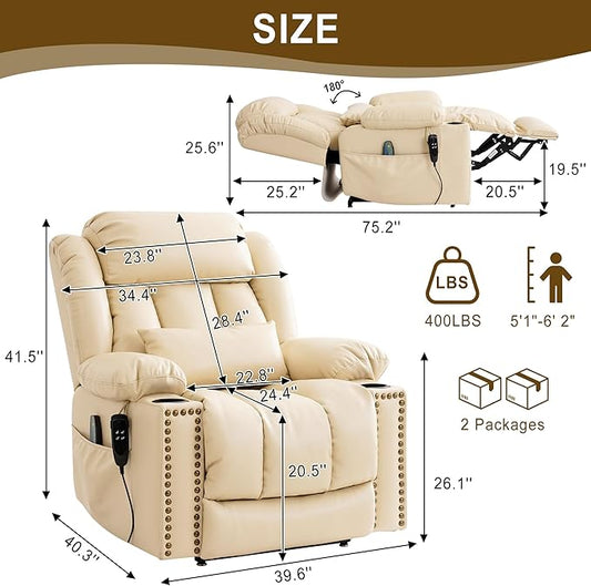 Dual Motor Large Power Lift Recliner Chair for Elderly with Heat and Massage,Lay Flat Lift Chairs Recliners for Seniors Infinite Position,USB Ports&Remote, Leather (Beige, Large)