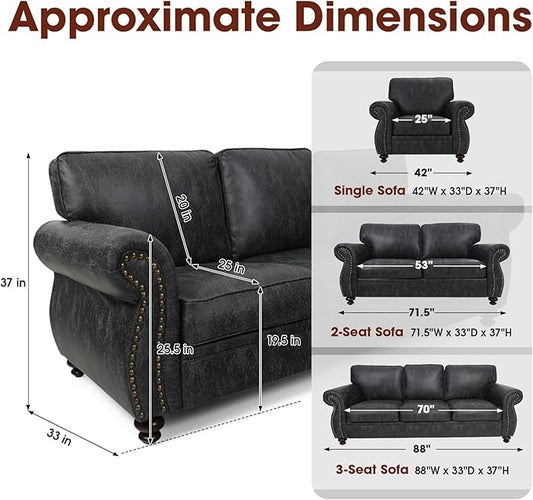 Living Room Furniture Sets,Sofa Sets and Couch Sets for Living Room,Mid-Century Vintage Sofa Couches with Rivet Design (Grey, 2 Loveseat+3 Seater)