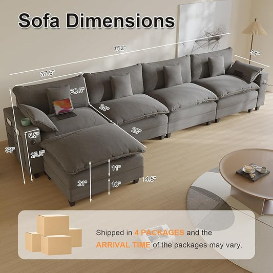 Modular Sectional Sofa, Cloud Couch with Ottoman, Charging Station, Throw Pillows, Cup Holders, Modern Convertible L Shaped Couches for Living Room, Bedroom (Grey, 152"- L Shape)