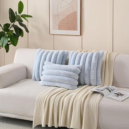 FUTEI Light Blue Decorative Throw Pillow Covers 26x26 Inch Set of 2, Square Soft Faux Rabbit Fur Thick Striped Euro Pillow Shams,Winter Home Decor for Couch Bed Living Room