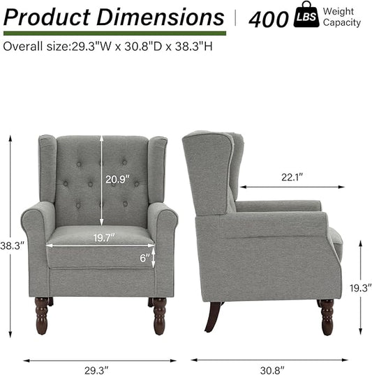 Accent Chair, Upholstered Armchair with Button Tufted High Back & Solid Wood Legs, Comfy Wingback Reading Single Sofa Chair for Small Spaces, Living Room, Bedroom (Grey, Set of 1)