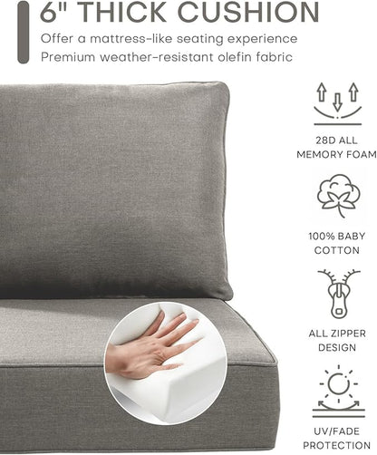 Luxury 22x24/22x25 6-Inch Outdoor Cushions - Water Resistant 1 Set Patio Replacement Seat Cushion for Rattan Mental Wicker Dining Rocking Swivel Chairs Loveseat Couch Sectional Sofa - Grey
