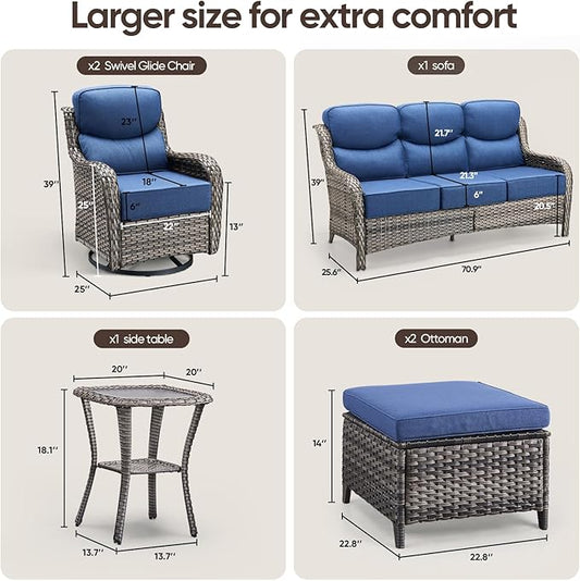 Swivel Patio Chairs sofa Set of 6 with 6" Thick Cushion - Wicker Outdoor Swivel Rocker Patio Chair ,Sofa/Glass coffee table, High Back Comfortable Outdoor Glider Chairs - Gery Wicker Blue Cushions