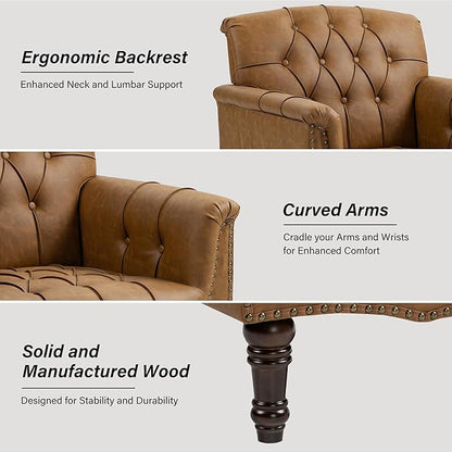 Faux Leather Accent Chair, PU Leather Modern Comfy Upholstered Armchair with Wood Legs & Nailhead Trim for Living Room, Bedroom (Camel,Set of 2)