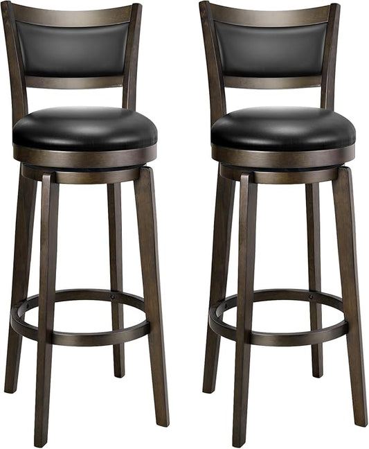 PrimeZone Swivel Bar Stools Set of 2, 34 Inch Extra Tall Bar Height Barstools, Black Faux Leather Bar Stool with High Backrest, Solid Wood Leg, Wrap-Around Footrest, Counter Stools for Pub
