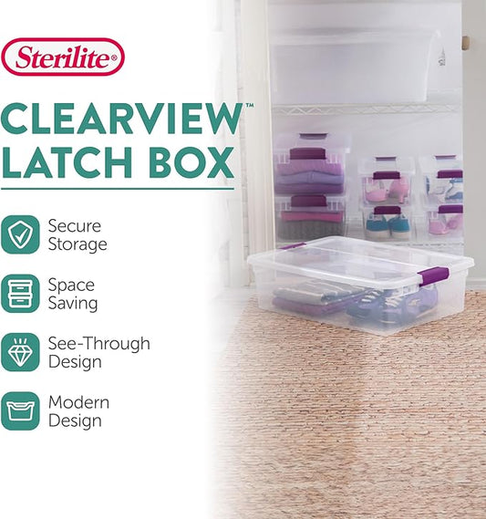 Sterilite 24-Pack 32 Quart ClearView Latch Box, Stackable Organizer Bins with Latching Lids - Clear Plastic Organization Containers for Closet, Bedroom, Shelving Units and Everyday Home Storage