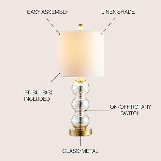 JONATHAN Y JYL1021C February 21" Glass/Metal LED Table Lamp Contemporary Bedside Desk Nightstand Lamp for Bedroom Living Room Office College Bookcase LED Bulb Included, Mercury Glass/Brass Gold