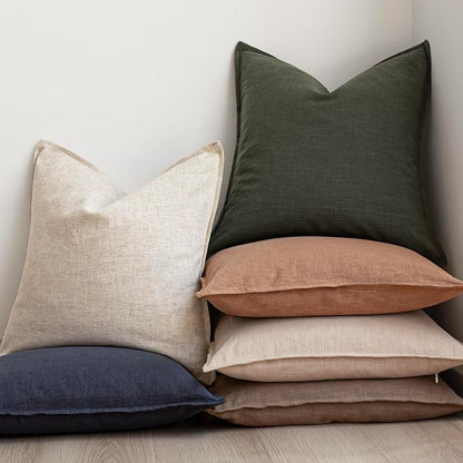 Foindtower Pack of 2, Decorative Linen Solid Throw Pillow Covers Soft Accent Cushion Case Farmhouse Neutral Pillowcase for Chair Couch Sofa Bedroom Living Room Home Decor 22 x 22 Inch Dark Olive Green