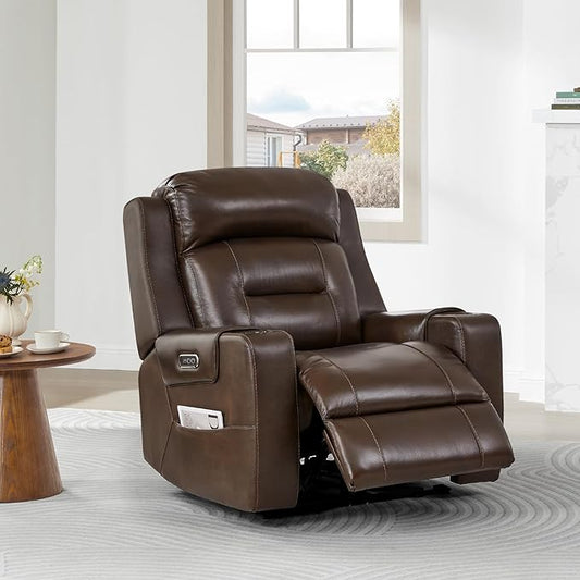 Watson & Whitely Oversized Genuine Leather Power Recliner Chairs for Big and Tall, Extra Wide Lay Flat Recliner with Power Headrest & Cup Holders, Electric Reclining Sofa for Living Room, Dark Brown