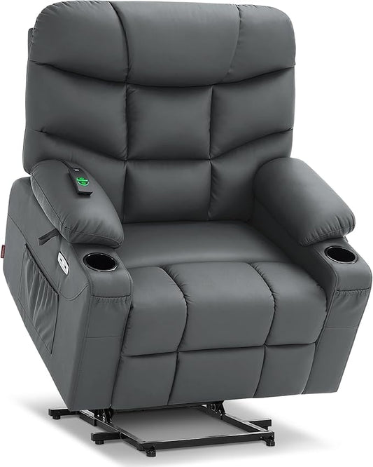 MCombo Oversized Power Lift Recliner Chair with Extended Footrest for Elderly People, Faux Leather R7289 (Dark Grey, Oversize)