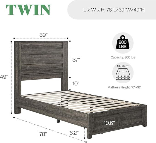 AMERLIFE Farmhouse Twin Platform Bed Frame with 49" Fluted Headboard, Wooden Bed with Natural Grain Finish, Noise-Free, No Box Spring Required, Easy Assembly, Grey