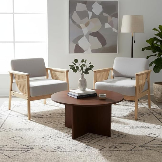Mid Century Modern Accent Chair Set of 2, Rattan Armchair with Wood Legs Living Room Chair Linen Upholstered Lounge Chair for Bedroom Reading Room, Grey