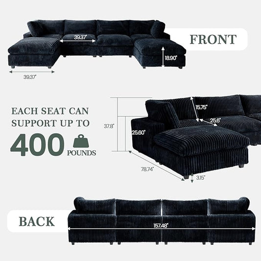 Modular Sectional Sofa, Convertible U Shaped Sofa with Chaise Ottoman, Deep Seat Cloud Sectional Couch, 6 Seat Comfy Modular Couch for Living Room, Office, Apartment, Black