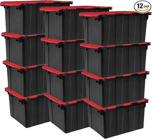 Sterilite 12-Pack 12 Gallon Hinged Lid Industrial Tote, Heavy-Duty Plastic Organizer - Stackable Multipurpose Home Storage Bins with Contoured Handles for Garage, Basement or Attic Organization