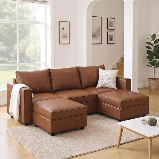 U Shaped Brown Leather, 90 Inches Cloud Modular Sectional Sofa, Modern Convertible Comfortable Sofa for Living Room/Apartment