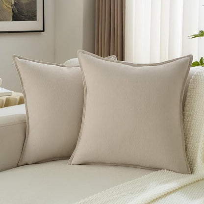 FUTEI Beige Chenille Throw Pillow Covers 18x18 Inch Set of 2,Edges Double-Stitched Cushion Cases,Modern Home Decor for Couch Living Room