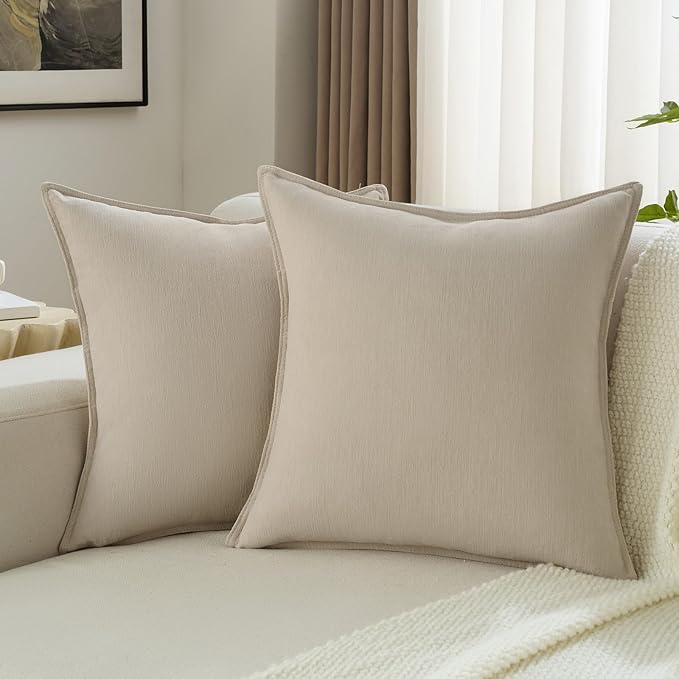 FUTEI Beige Chenille Throw Pillow Covers 24x24 Inch Set of 2,Edges Double-Stitched European Cushion Cases,Modern Home Decor for Couch Living Room