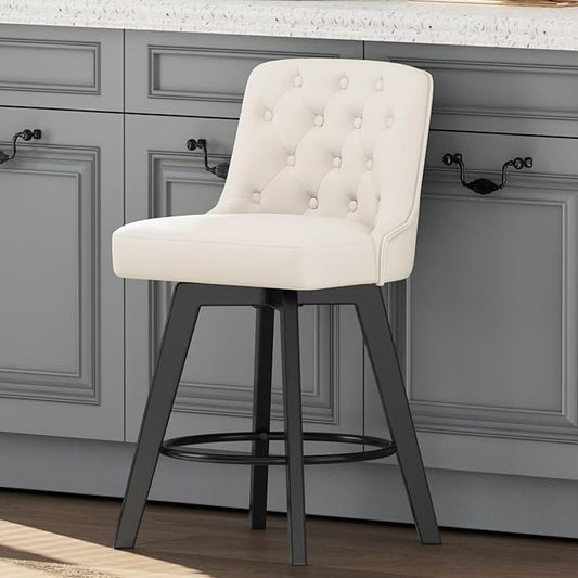 MINCETA Bar Stool, PU Leather Barstool, 26 Inch Upholstered Counter Stool with Low Tufted Back and Footrest, Swivel Counter Height Barstool for Kitchen Island Home Bar White