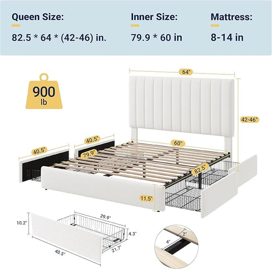 Allewie Queen Size Storage Bed Frame, Vertical Channel Tufted Adjustable Headboard, Velvet Upholstered Platform Bed with 4 Oversized Underbed Drawers, Wooden Slats Support, No Box Spring Needed, White