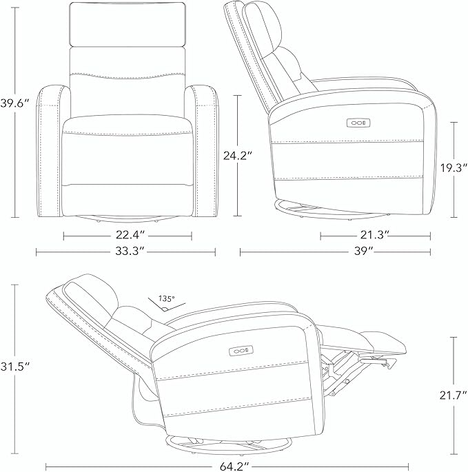 Watson & Whitely Swivel Power Recliner Glider Rocker, Small Recliner with Charging Port for Living Room, Fabric in Dove Grey
