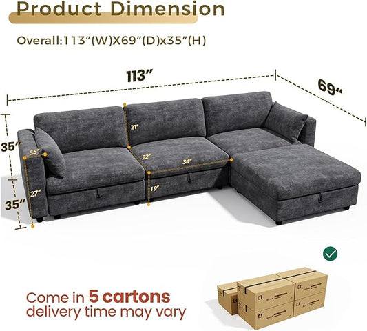 KKL Modular Sectional Oversize Sofa with Adjustable Backrest, 113" L Shaped Couches for Living Room, Down Filled Sectional Sofa Couch with Storage Ottoman Chenille, Grey