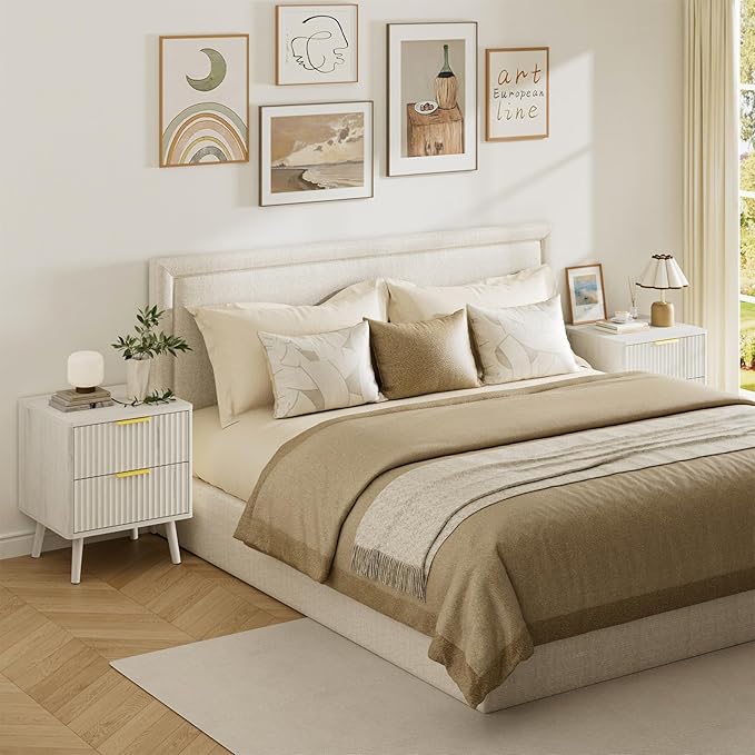 LYNSOM Fluted Dresser and Nightstand Set, 3 Pieces Bedroom Set, 55 Inch Wide 7-Drawer Dresser & 2-Drawer Nightstands Set of 2, Modern Dressers Set for Bedroom, Hallway, White