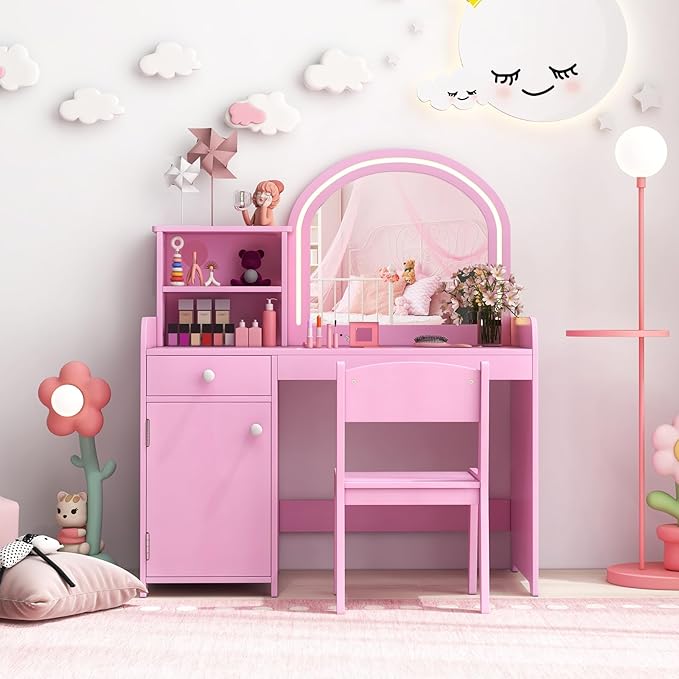 GLACER Kids Vanity, Wooden Toddler Vanity with Lighted Mirror, Drawer & Cabinet, Storage Shelves, Princess Kids Vanity Table and Chair Set, Girls Vanity for Little Girls Ages 3+ (Pink)
