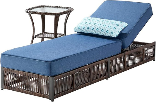 Luxury 2PCS Outdoor Chaise Lounge and Side Table Set with 5 Inch Thick Cushions - High Back Brown Wicker Patio Recliners Chairs Lounger for Poolside Pool Porch Garden Sunbathing - Navy Blue