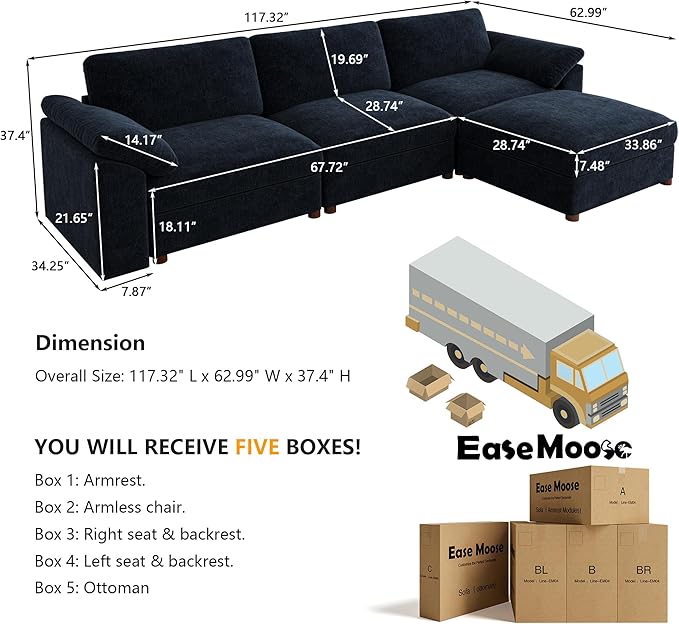 EASE MOOSE Sectional Modular Sofa,Oversized L Shape Sectional Couch Wide Deep Modular Sofa Blue Couch