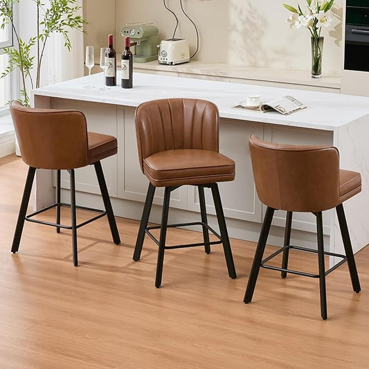 Swivel Counter Height Bar Stools Set of 3, 26'' Modern Barstools with Backs and Metal Legs, Upholstered Bar Chairs, Faux Leather Dark Brown Stools for Kitchen Island Chairs