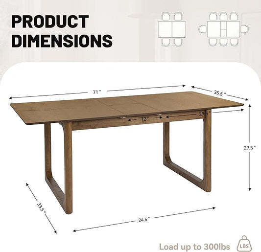 HNY Extendable Wood Dining Table for 4-8, 71" Inch Modern Rectangular Kitchen Tables with Wooden Base Farmhouse Dinner Table for Dining Room, Living Room, Home, Walnut