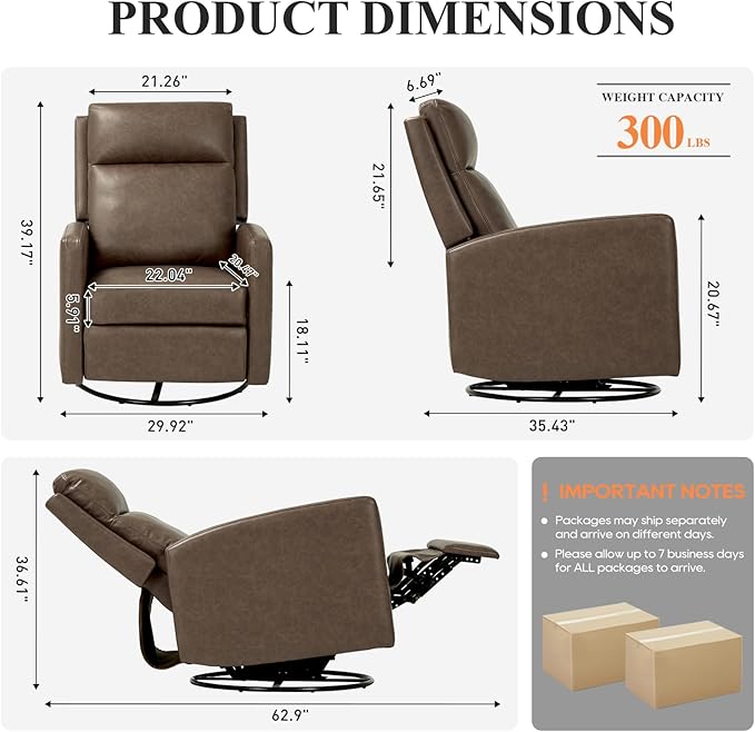 COLAMY Recliner Chair Set of 2, PU Leather 360° Swivel Rocker Recliner, Nursery Glider Recliner with Ergonomic High Backrest and Upholstered Deep Seat for Living Room, Bedroom, Color Gray