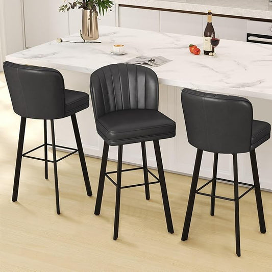 Swivel Counter Height Bar Stools Set of 3, 30'' Modern Barstools with Backs and Metal Legs, Upholstered Bar Chairs, Faux Leather Black Stools for Kitchen Island Chairs